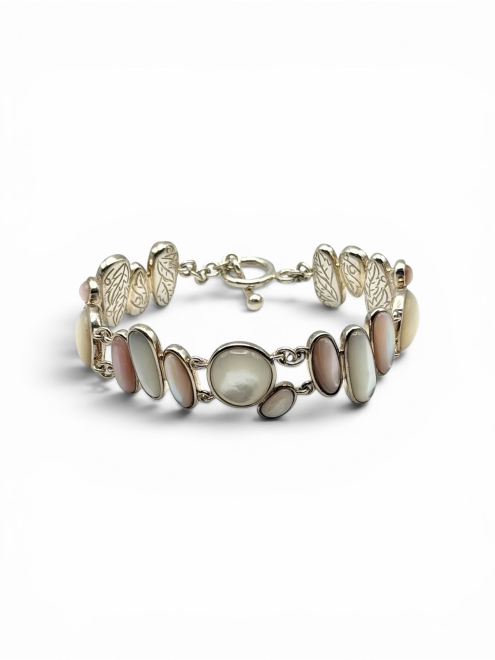 Signed Honora 925 Sterling Silver Mother of Pearl Toggle Bracelet – 7.5”, 33.2g